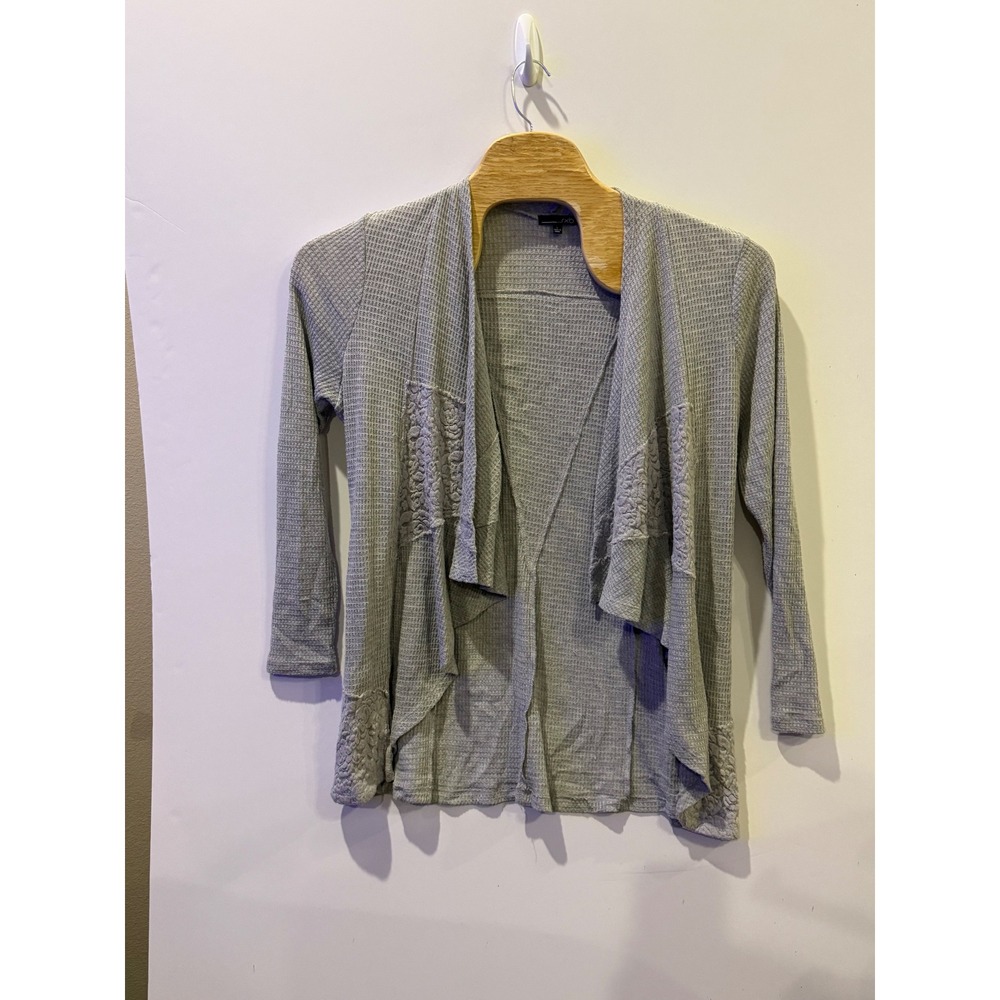 rxb Waffle Knit Cardigan Women Large Grey Excellent Lace Trim Open Front Draped